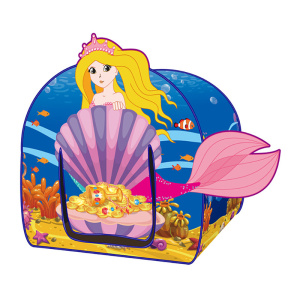 Tipi para niñas en forma de castillo azul y rosa con una sirena estampada. La puerta presenta tesoros submarinos.