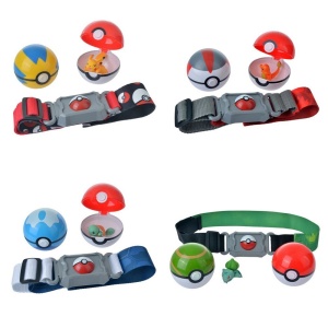 Cinturón Pokémon con una Pokeball y varias figuritas con fondo blanco
