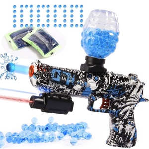Pistola eléctrica infantil orbeez suave con bolas de gel azul con fondo blanco
