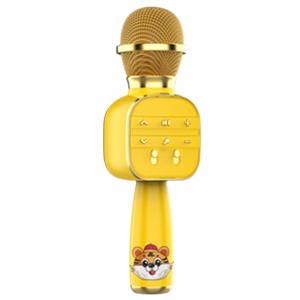 Un micrófono de karaoke para niños. Es de color amarillo brillante con un pequeño tigre de dibujos animados en el mango. En la parte superior del cuello hay botones para ajustarlo. La parte superior del micrófono es dorada.