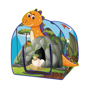 Un colorido tipi infantil con un diseño de dinosaurios en la parte delantera y una escena de la naturaleza en el lateral. En la parte delantera tiene una puerta con cortina que representa huevos de dinosaurio.