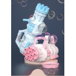 Pistola de agua de 12 agujeros con burbujas eléctricas automáticas rosas y azules para niños azul y rosa con fondo negro y burbujas en el aire
