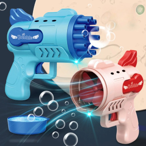 Pistola de agua automática de burbujas rojas y azules para niños con burbujas que salen de la pistola