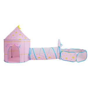 Un tipi rosa para niñas con bonitos estampados multicolores en la parte superior. Incluye un castillo, un túnel y una piscina de bolas.