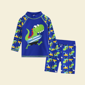 maillot para niños, azul, con un dibujo de un dinosaurio, compuesto por una camiseta de manga larga y un pantalón corto