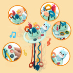imágenes del juego Montessori azul para los dientes en burbujas, sobre fondo naranja