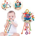 foto de un bebé masticando el juguete montessori, con imágenes del producto en burbujas