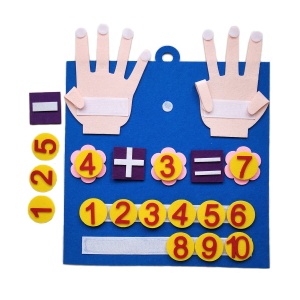 cuadrado de fieltro azul con números, signos matemáticos y dos manos para aprender a contar