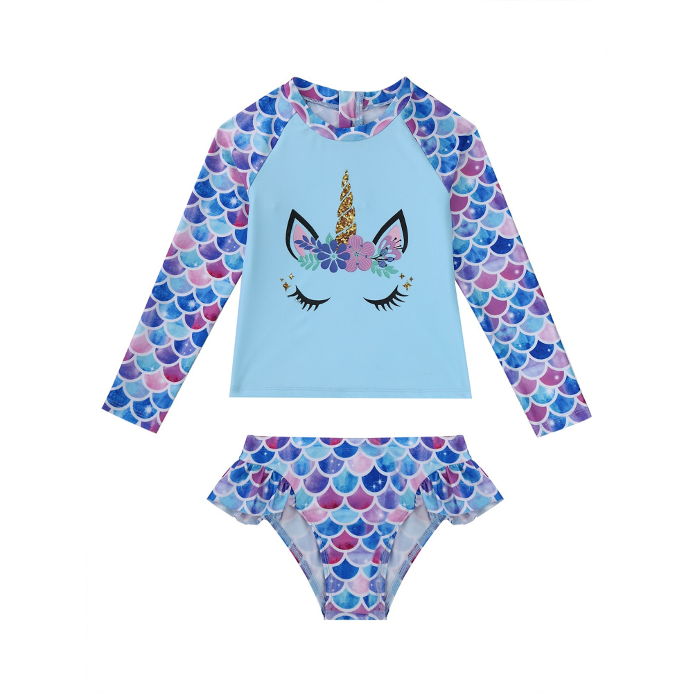 traje de baño de dos piezas para niña con top de manga larga con cabeza de unicornio y braguita con volantes a los lados, el traje de baño es azul