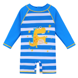 bañador de niño, estilo mono de una pieza, azul con rayas blancas y un pequeño dinosaurio amarillo dibujado en la parte delantera