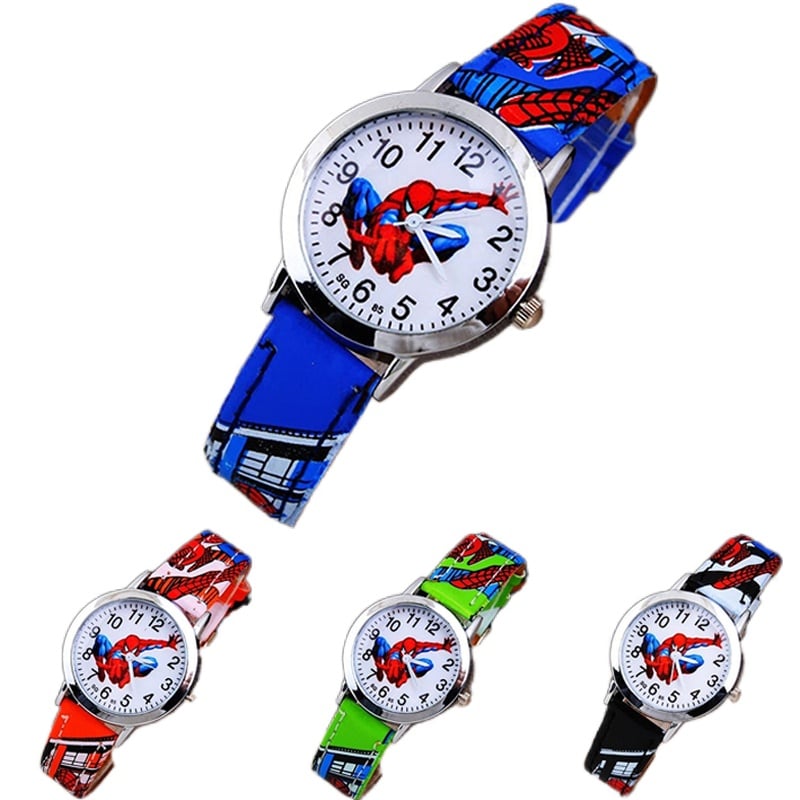 Reloj SpiderMan con correa de piel, modelo azul, naranja y negro