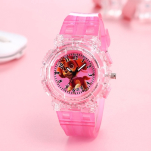 Colorido reloj digital Patrulla rosa para niños con fondo rosa