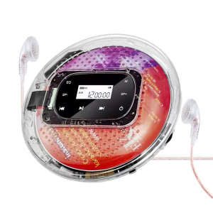 Reproductor de CD transparente con un CD rojo y morado en su interior, y auriculares