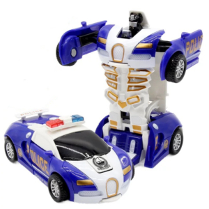 Juguete de coche de policía azul de Transformers con robot en la parte trasera