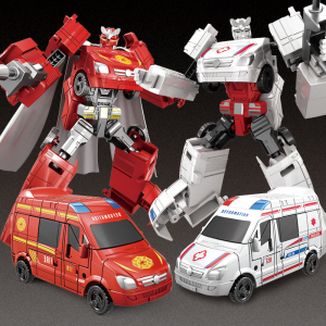 2 coches de rescate de juguete rojos y blancos y robots de lado a lado